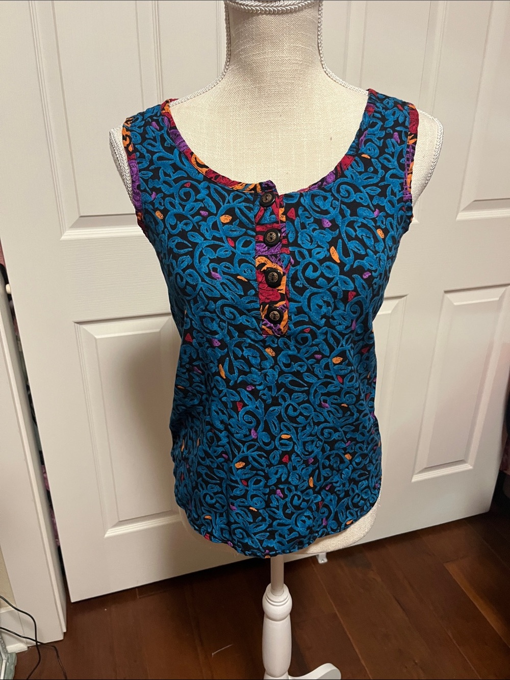 Fritzi Sleeveless Teal Bright Patterned Button Henley Tank